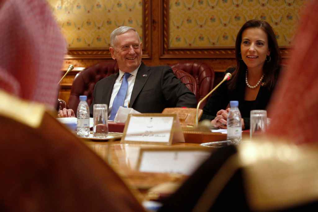 White House Deputy National Security Advisor Dina Powell (right) pictured with US Defense Secretary James Mattis during their meeting with Saudi Arabia's Mohammed bin Salman in Riyadh on April 19 this year. 
Image: REUTERS/Jonathan Ernst