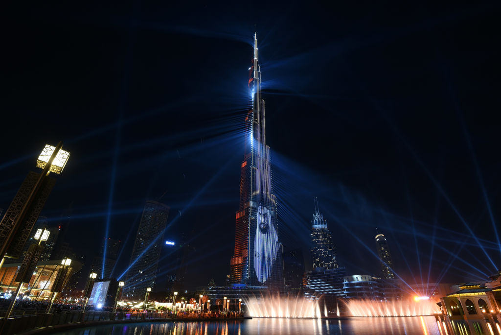 Dubai celebrated the New Year Sunday with a spectacular midnight laser show at Burj Khalifa, the tallest tower in the world.