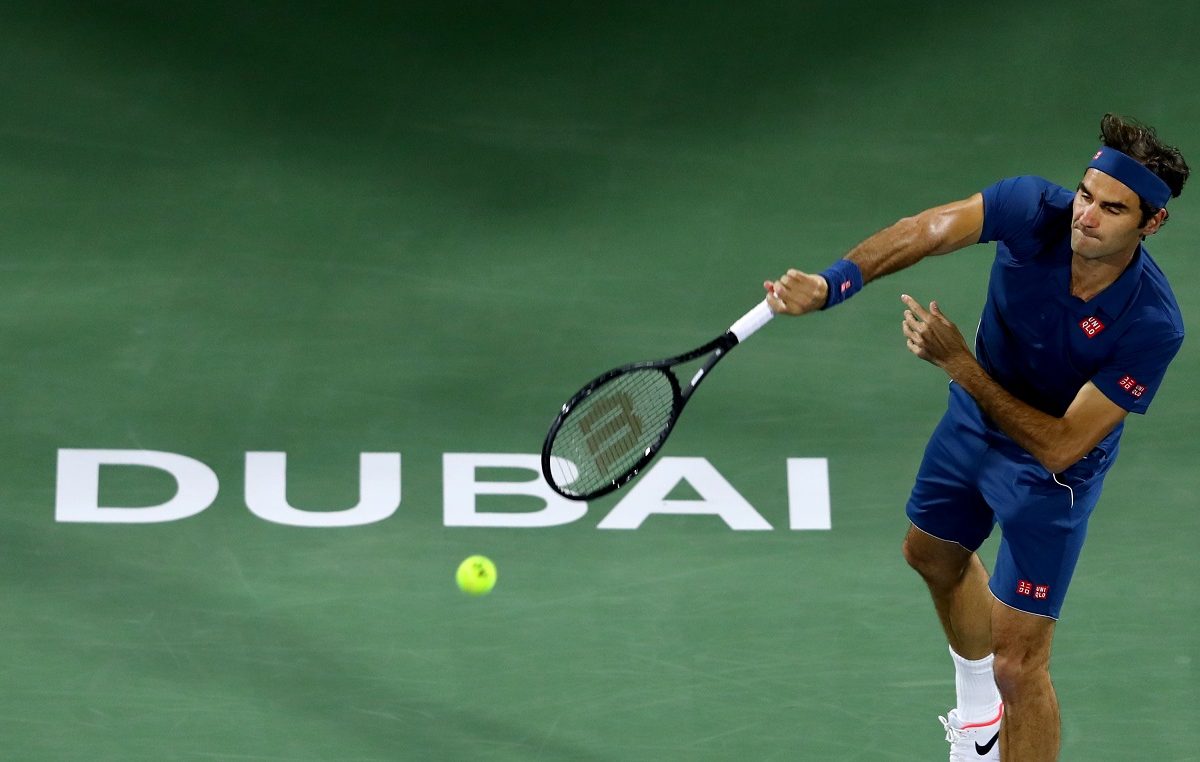 Roger Federer of Switzerland serves in his Mens Singles Final match against Stefanos Tsitsipas of Greece during day fourteen of the Dubai Duty Free Championships at Dubai Duty Free Tennis Stadium
Photo:  Francois Nel/Getty Images