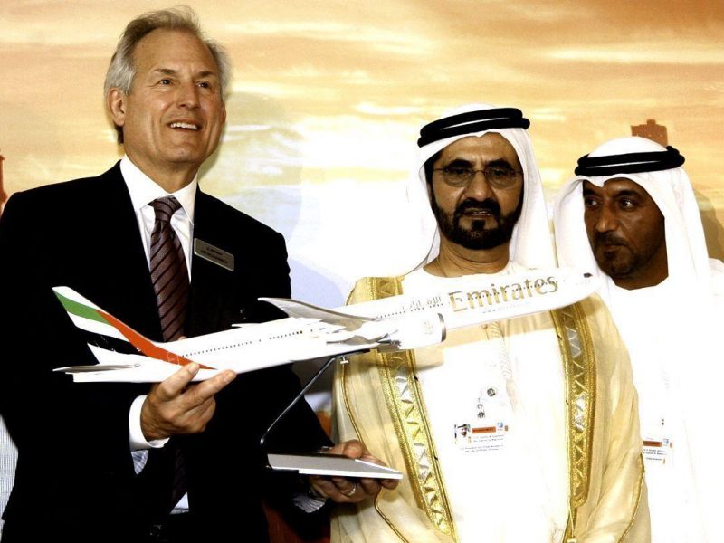 Ruler of Dubai Sheikh Mohammed Bin Rashid al-Maktoum, is presented with a model of the Emirates new 777X airliner, by Boeing CEO Jim McNerney. (AFP/Getty Images)