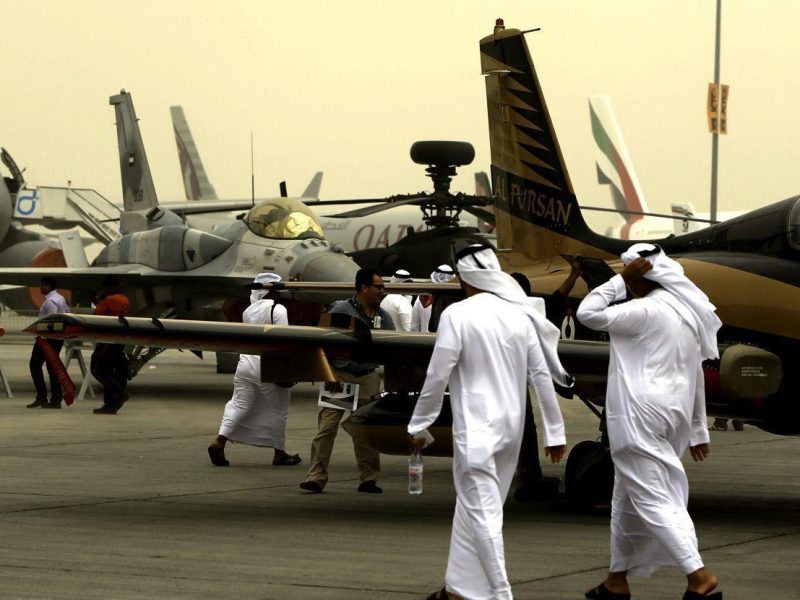 Visitors attend the Dubai Airshow on November 17, 2013, in the United Arab Emirates capital Dubai. Etihad Airways ordered 87 Airbus planes, including 50 extra-wide-body A350 XWBs, valued at around $19 billion (14 billion euros) at list prices. (AFP/Getty Images)