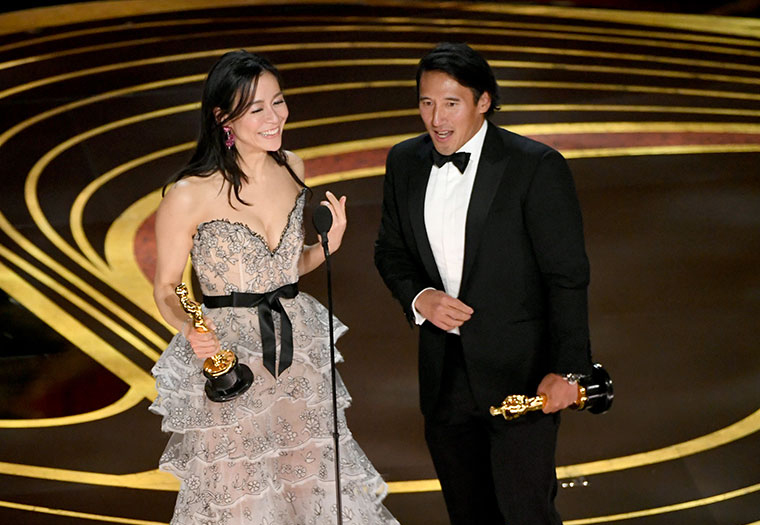 (L-R) Elizabeth Chai Vasarhelyi and Jimmy Chin accept the Documentary (Feature) award for 'Free Solo' onstage during the 91st Annual Academy Awards at Dolby Theatre on February 24, 2019 in Hollywood, California.