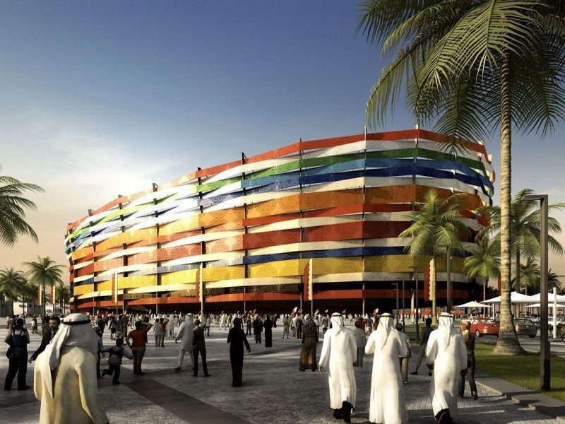 A ground level view is displayed of Al Gharafa stadium, planned in Doha to host the 2022 soccer World Cup