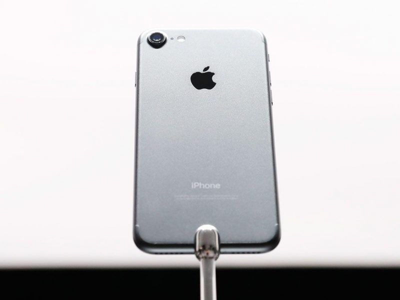 An Apple iPhone 7 is seen during a launch event on September 7, 2016 in San Francisco, California. Apple Inc. unveiled the latest iterations of its smart phone, the iPhone 7 and 7 Plus, the Apple Watch Series 2, as well as AirPods, the tech giants first wireless headphones. (Getty Images)