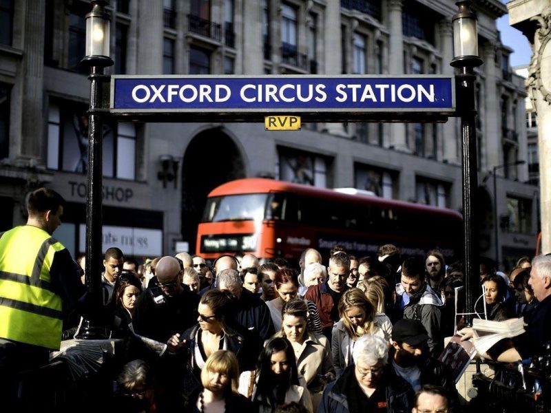 Commuters queue to enter Oxford Circus tube station, deemed a high risk area by the UAE Ministry of Foreign Affairs. (Getty Images)