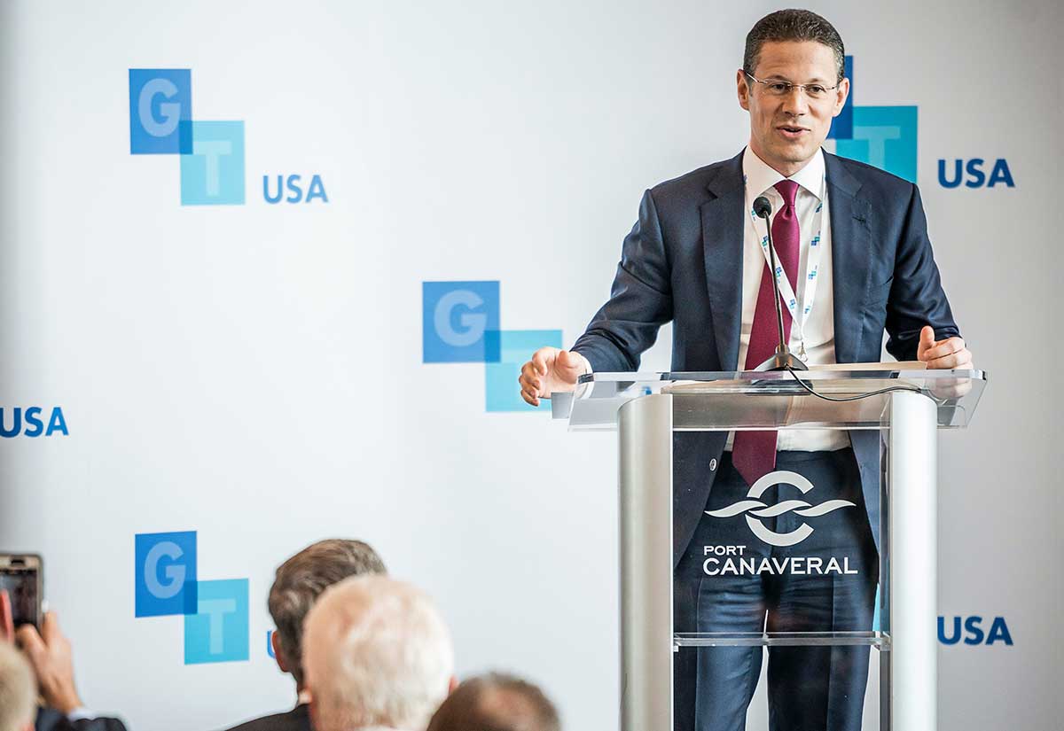 Global reach Badr Jafar addresses dignitaries at the opening of Port Canaveral in Florida, USA, in 2015