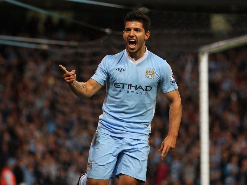 Sergio Aguero of Manchester City celebrates after scoring the second goal during the Barclays Premier League match between Manchester City and Swansea City at Etihad Stadium on August 15. (Getty Images)