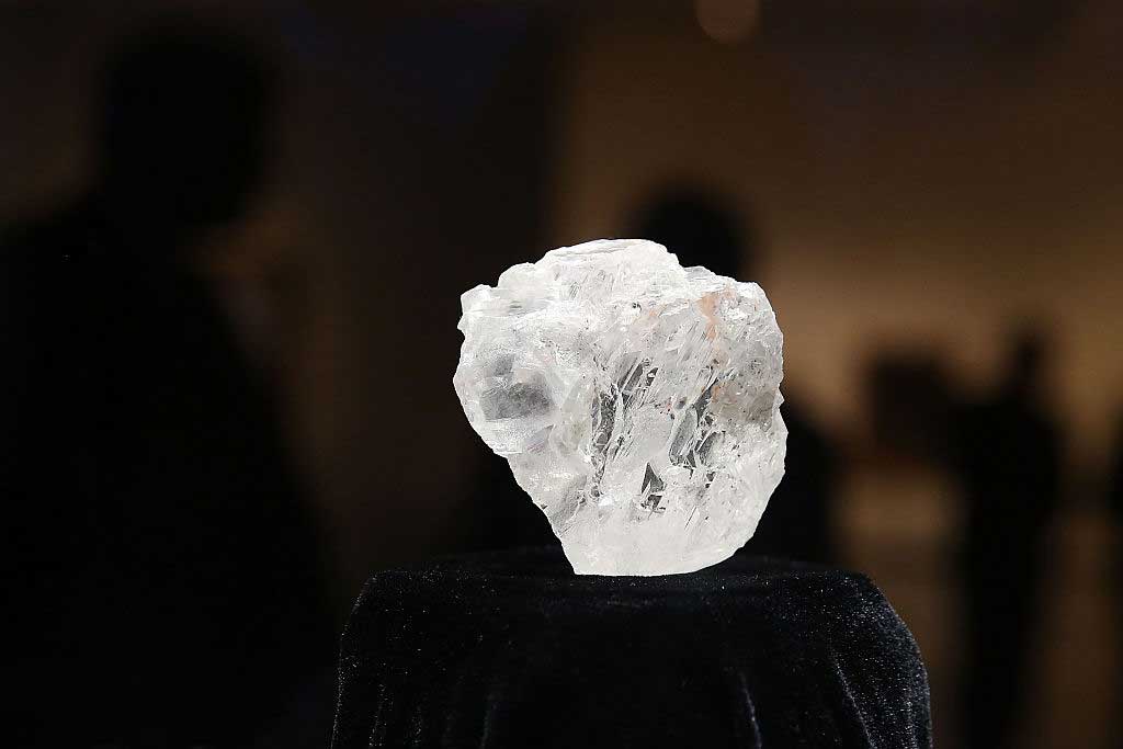 The 1109-carat rough Lesedi La Rona diamond, the biggest rough diamond discovered in more than a century, sits in a display case at Sotheby's in New York City. The diamond, which is nearly the size of a tennis ball at 66.4 x 55 x 42mm and is believed to be about 2.5 billion to 3 billion years old, was named 'Our Light' in the local Tswana