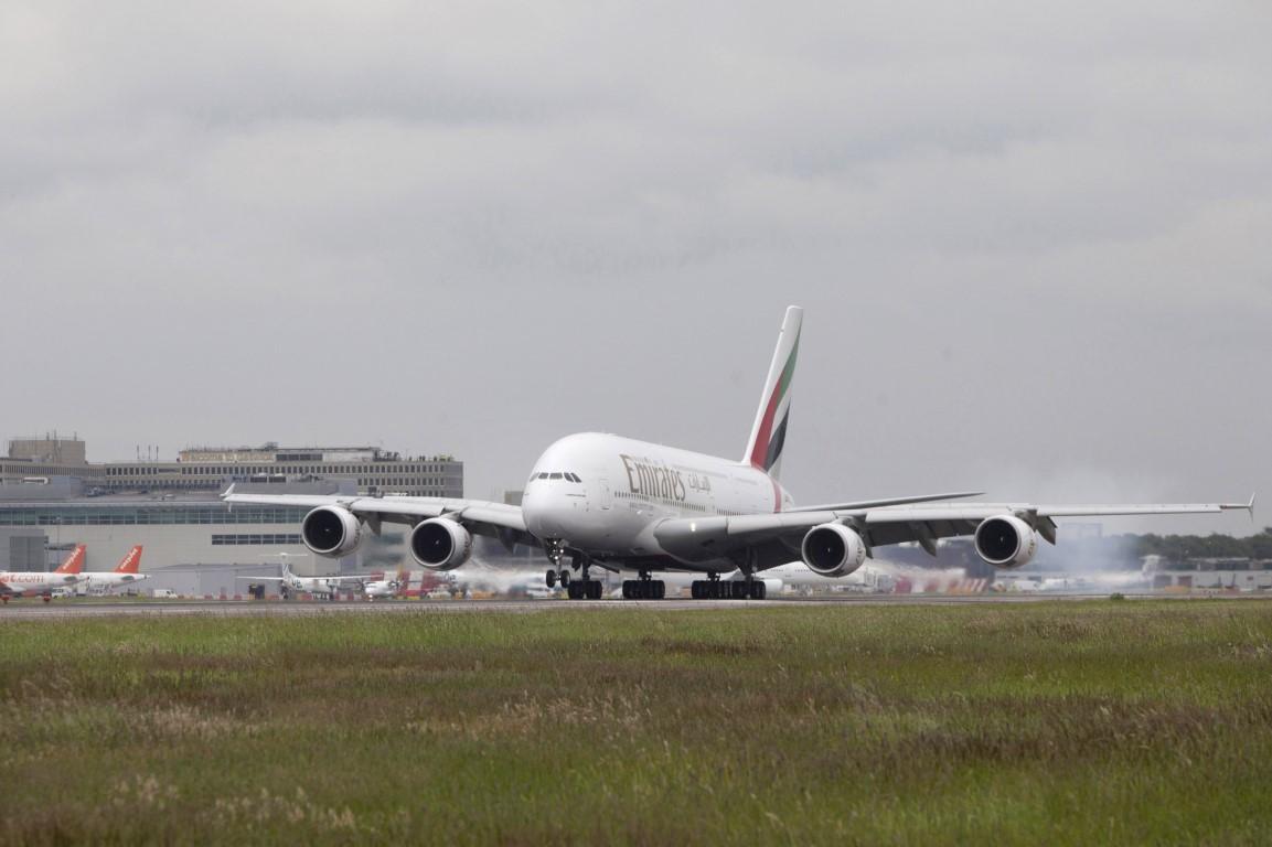 Emirates A380 landing at Gatwick Airport. Image: Gatwick Airport.