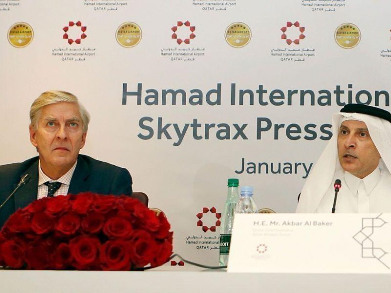 Skytrax CEO Edward Plaisted (L) and Qatar Airways chief executive Akbar al-Baker hold a press conference during a ceremony which crowned Dohas Hamad International as a five-star airport, one of only six in the world. (Photo: STRINGER/AFP/Getty Images)n