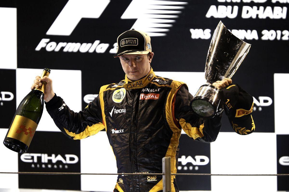 Kimi Raikkonen of Finland and Lotus celebrates on the podium after winning the Abu Dhabi Formula One Grand Prix at the Yas Marina Circuit on November 4, 2012 in Abu Dhabi, United Arab Emirates. (Getty Images)