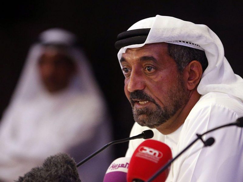 Emirates chief executive officer Sheikh Ahmed bin Saeed al-Maktoum gives a press conference near the airpot in Dubai, on August 3, 2016. An Emirates plane with 300 people on board crash-landed and caught fire in Dubai, causing the death of a firefighter and a four-hour shutdown of the busy airport but no fatalities among passengers. The ca