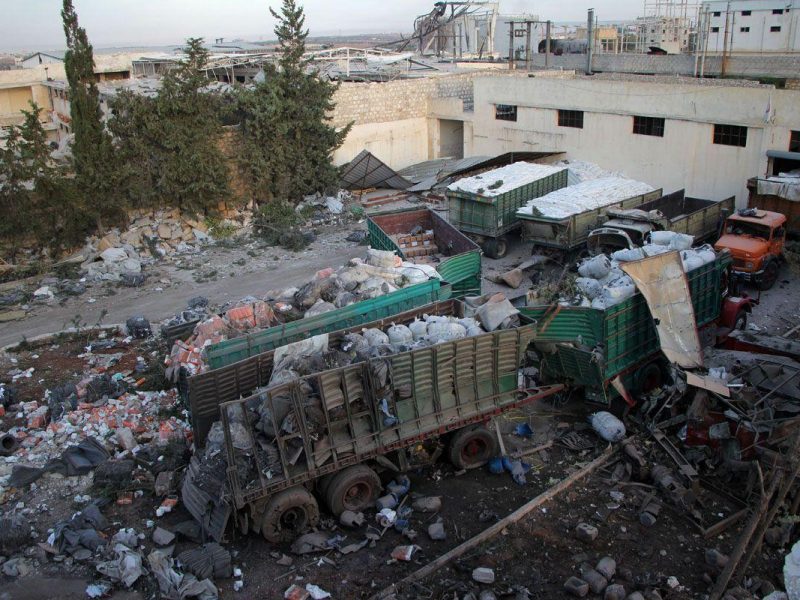 Aid is seen strewn across the floor in the town of Orum al-Kubra on the western outskirts of the northern Syrian city of Aleppo. (Omar Haj Kadour/AFP/Getty Images)