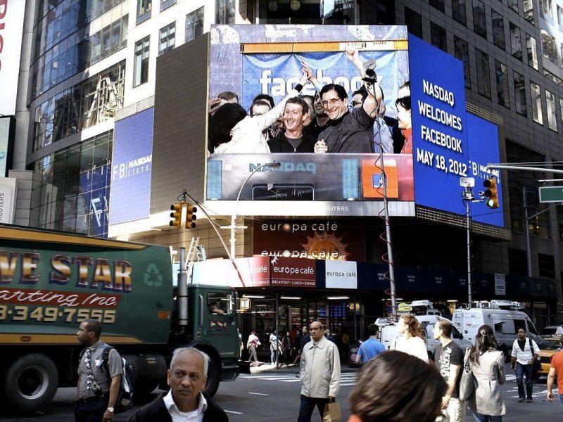 Facebook founder Mark Zuckerberg is seen on a screen in Times Square moments after he rang the Opening Bell for the Nasdaq stock market board on May 18, 2012 in New York, United States. The social network site is set to begin trading at roughly 11:00 a.m. ET and on Thursday priced 421 million shares at $38 each. Facebook, a Menlo Park, Cal