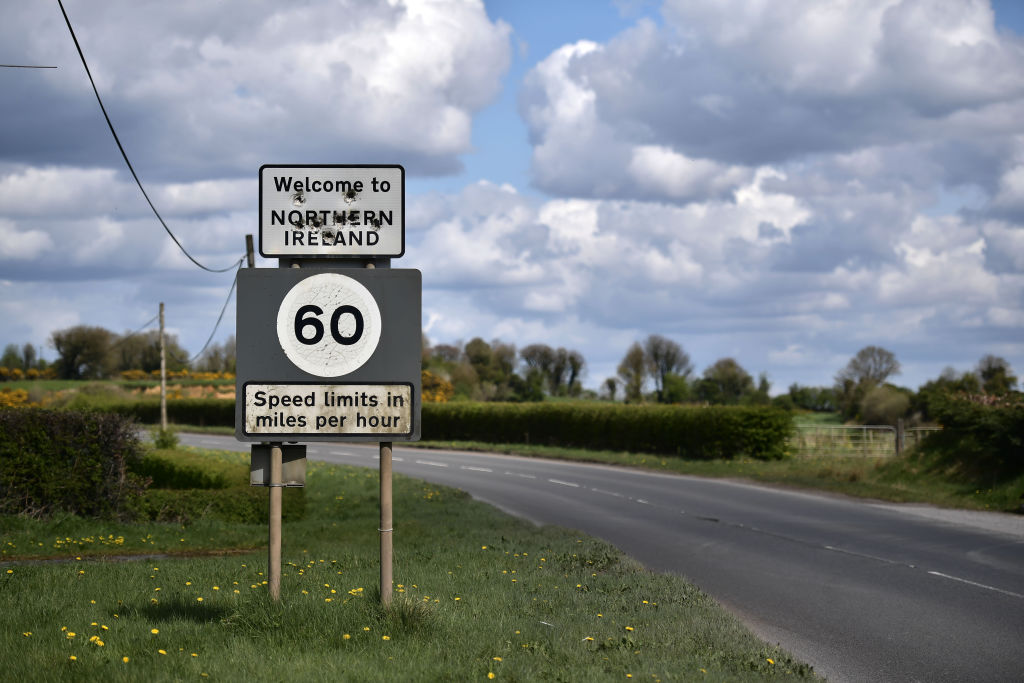 A welcome to Northern Ireland sign riddled with bullet holes can be seen on April 30 2018 in Ballyconnell, Co Cavan, Ireland. Northern Ireland is the only part of the UK that has a hard border with the rest of Europe. Photo by Charles McQuillan/Getty Images