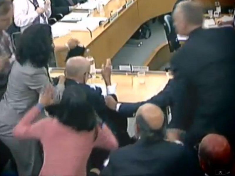 Murdochs wife (in pink) leaps to defend her husband as a protester moves to throw shaving foam over him