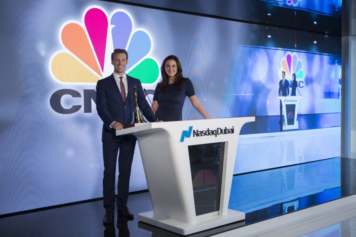 Hadley Gamble and Dan Murphy at the launch of CNBC at Nasdaq Dubai. CNBC will use the new facility to deliver a deeper focus on the Middle East business story.