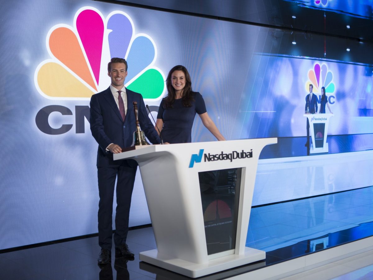 Hadley Gamble and Dan Murphy at the launch of CNBC at Nasdaq Dubai. CNBC will use the new facility to deliver a deeper focus on the Middle East business story.