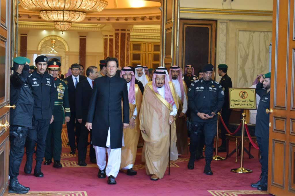 Saudi King Salman hosted Pakistani Prime Minister Imran Khan Wednesday on his maiden foreign visit since coming to power.