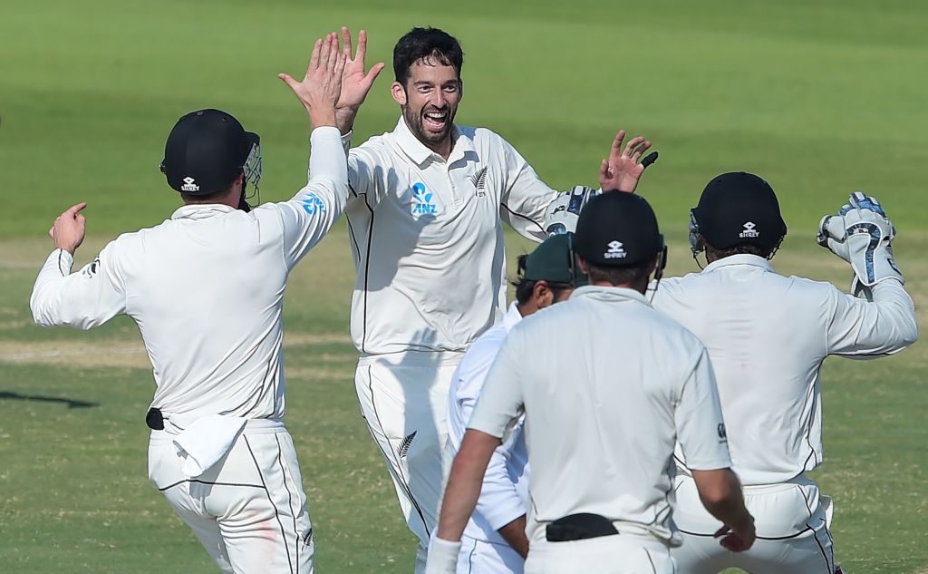 New Zealand spinner Will Somerville celebrates with teammates after taking the wicket of Pakistani captain Sarfraz Ahmed  during the last day of the third and final Test cricket match between Pakistan and New Zealand at the Sheikh Zayed International Cricket Stadium in Abu Dhabi 
Photo: AAMIR QURESHIAFPGetty Images