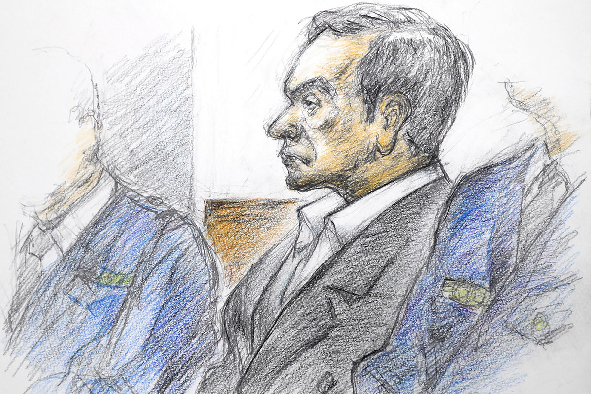 This courtroom sketch illustrated by Masato Yamashita depicts former Nissan chairman Carlos Ghosn attending his hearing at the Tokyo district court on January 8, 2019.