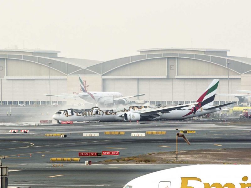 The wreckage of the Boeing 777 300 ER following the crash landing at Dubai International.