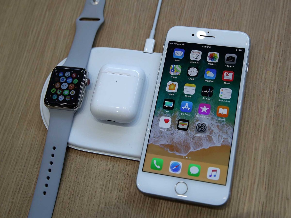 The new iPhone 8 and Apple Watch Series 3 are displayed on the new AirPower during an Apple special event at the Steve Jobs Theatre on the Apple Park campus on September 12, 2017 in Cupertino, California. Apple held their first special event at the new Apple Park campus where they announced the new iPhone 8, iPhone X and the Apple Watch Se