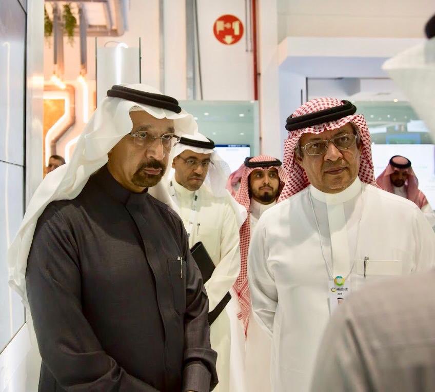 Minister of Energy and Industry and Mineral Resources, Khalid Al Falih pictured with Minister of Economy and Planning Mohammad Al Tuwaijri, chairman of the board of directors of the National Centre for Privatisation, during a recent visit to the centre.