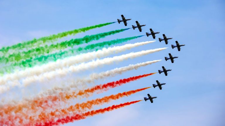 With a team composed of 10 aircrafts, 9 in formation and 1 solo, Frecce Tricolori has been flying since 1961.