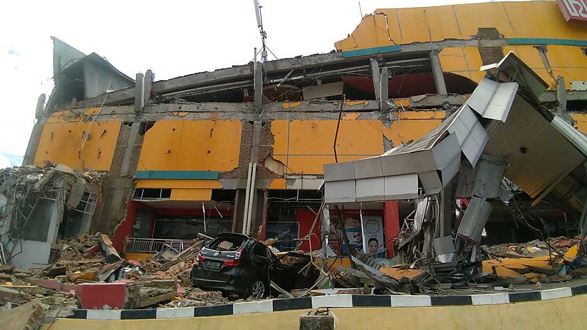 Collapsed building after an earthquake and tsunami hit Palu, on Sulawesi island.