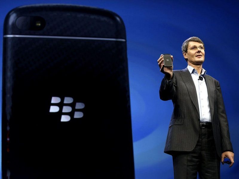 BlackBerry Chief Executive Officer Thorsten Heins displays one of the new Blackberry smartphones at the BlackBerry 10 launch event by Research in Motion at Pier 36 in Manhattan on January 30, 2013 in New York City. The new smartphone and mobile operating system is being launched simultaneously in six cities. (Getty Images)