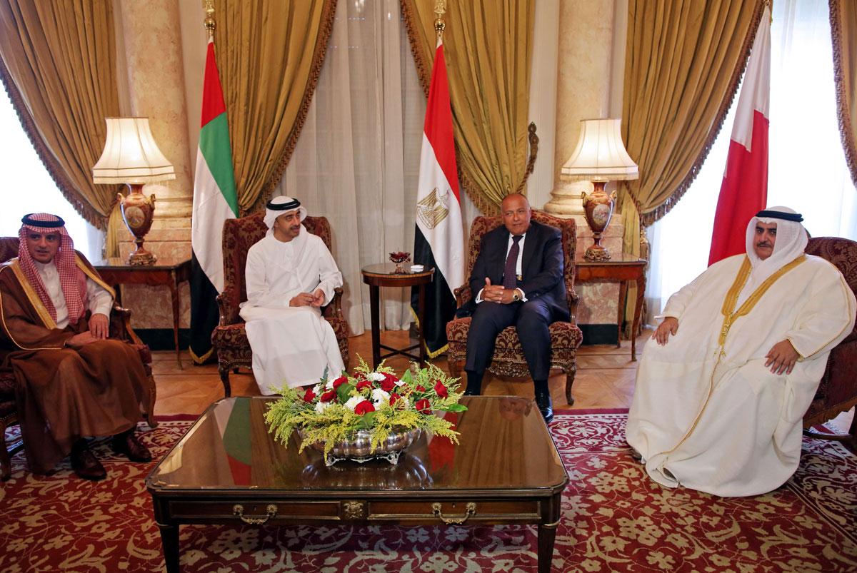 Saudi Foreign Minister Adel al-Jubeir (L), UAE Minister of Foreign Affairs and International Cooperation Abdullah bin Zayed Al-Nahyan (C-L), Egyptian Foreign Minister Sameh Shoukry (C-R), and Bahraini Foreign Minister Khalid bin Ahmed al-Khalifa (R) meet in the Egyptian capital Cairo on July 5, 2017, to discuss the Gulf diplomatic crisis w