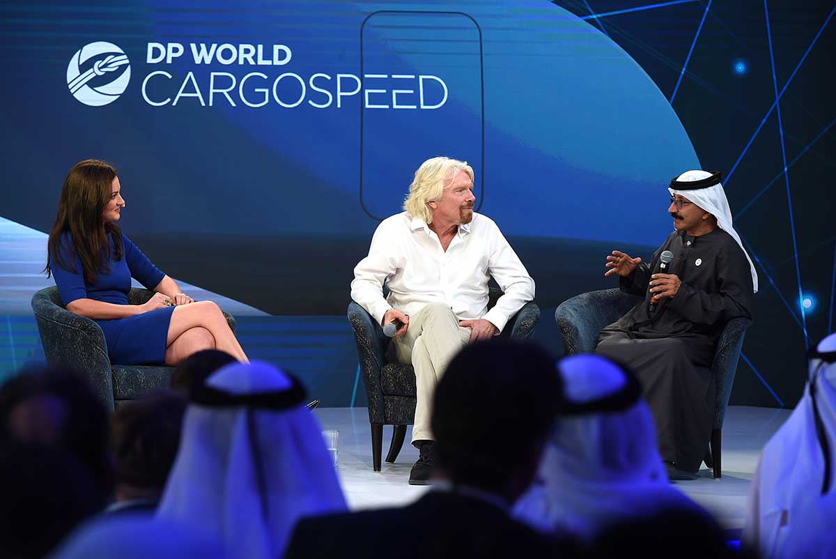 Sir Richard Branson (centre) pictured with Sultan Ahmed bin Sulayem, chairman and CEO of DP World at the launch of DP World Cargospeed.