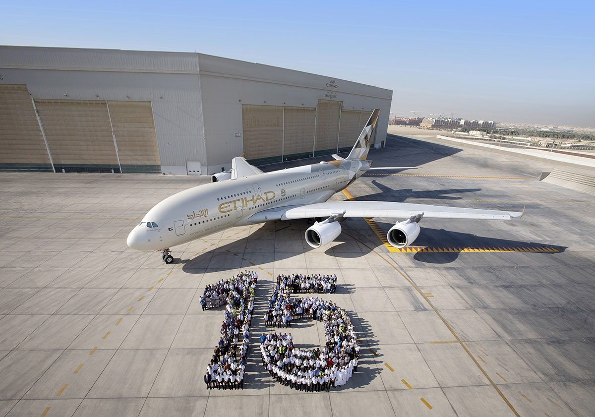 The picture released by Etihad shows over 400 members of the airline’s engineering and technical teams forming a “15” in front of one of its Airbus A380s at Abu Dhabi International Airport.