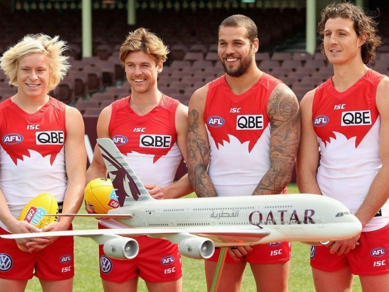 (L-R) Isaac Heeney, Dane Rampe, Lance Franklin and Kurt Tippett pose for the media during a Sydney Swans AFL media announcement at Sydney Cricket Ground on August 23, 2016 in Sydney, Australia. (Jason McCawley/Getty Images)