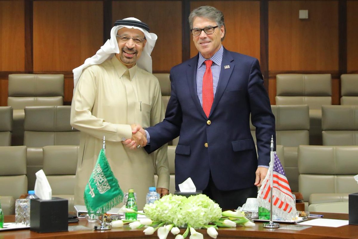 Saudi Arabia's energy minister held talks Monday with US Energy Secretary Rick Perry, after the kingdom and its allies defied US pressure to cut oil production in a bid to prop up prices.