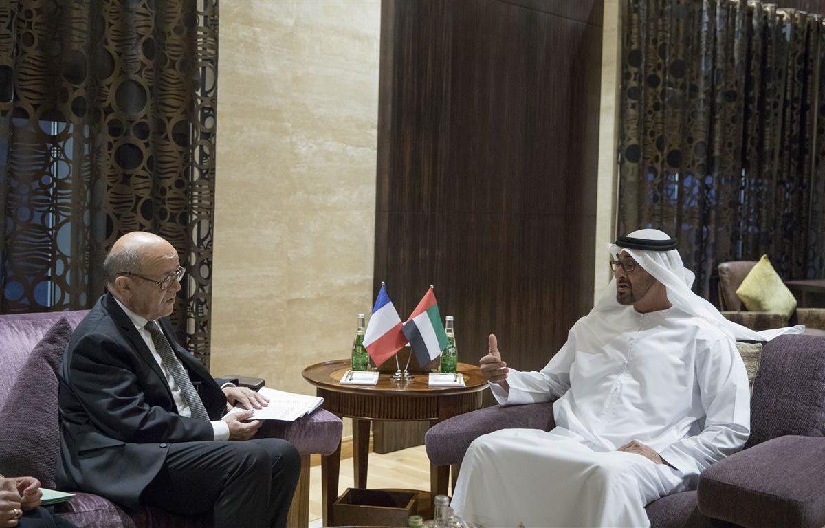 Abu Dhabi Crown Prince Sheikh Mohammed bin Zayed al-Nahayan in talks with French Foreign Minister Jean-Yves Le Drian in Abu Dhabi.