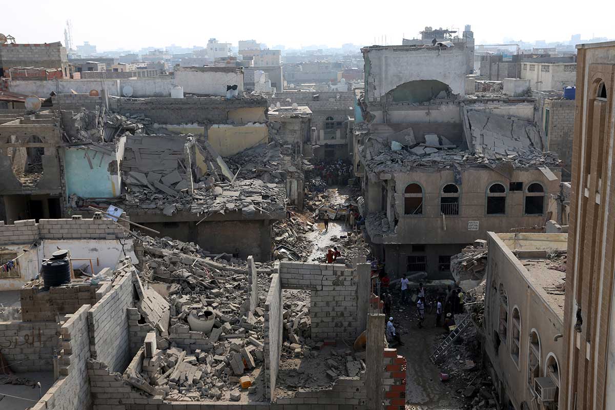 Buildings destroyed in the rebel-held Yemeni port city of Hodeida.