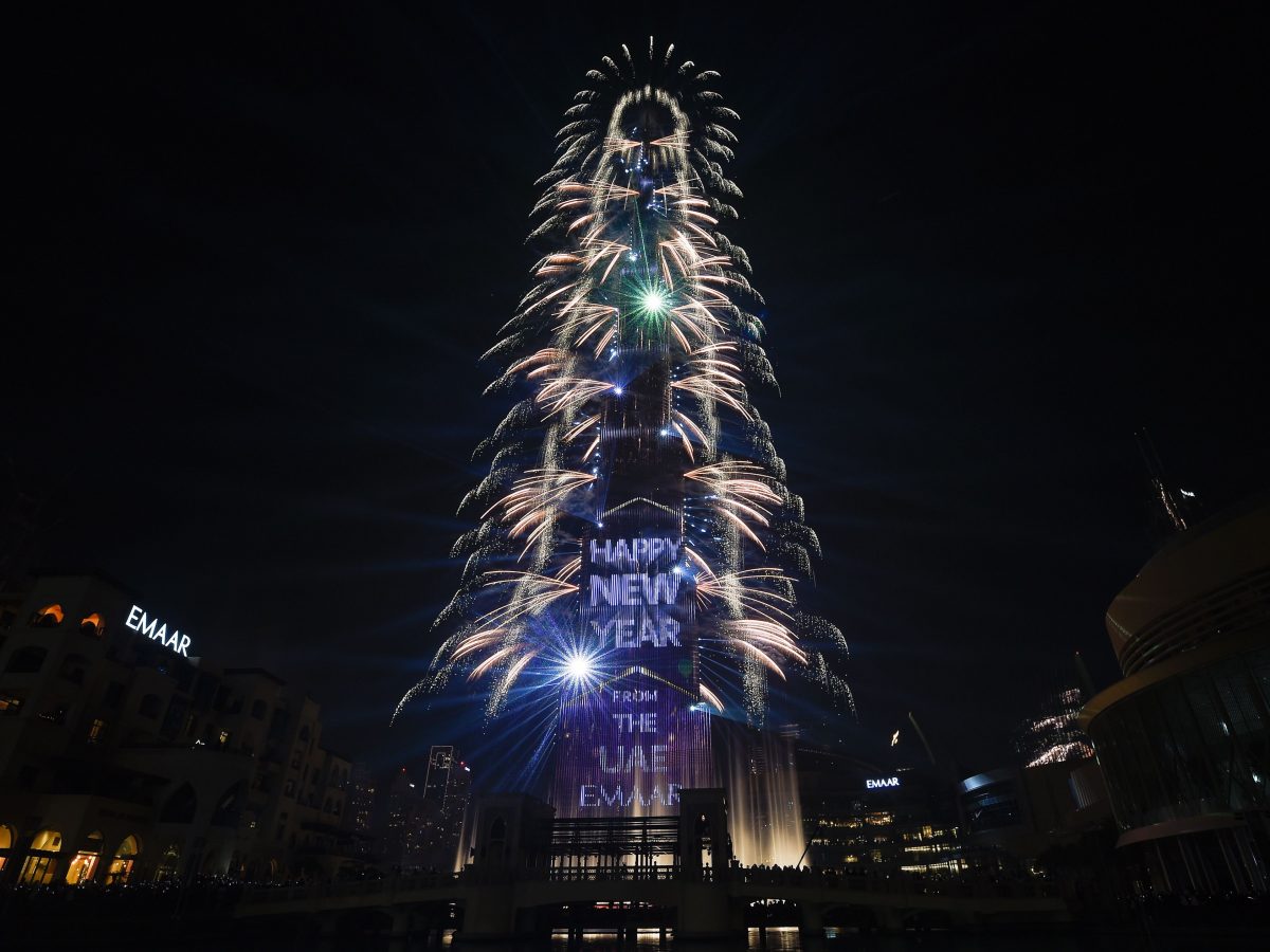 Fireworks explode at the Burj Khalifah#
 Photo credit should read AFPGetty Images