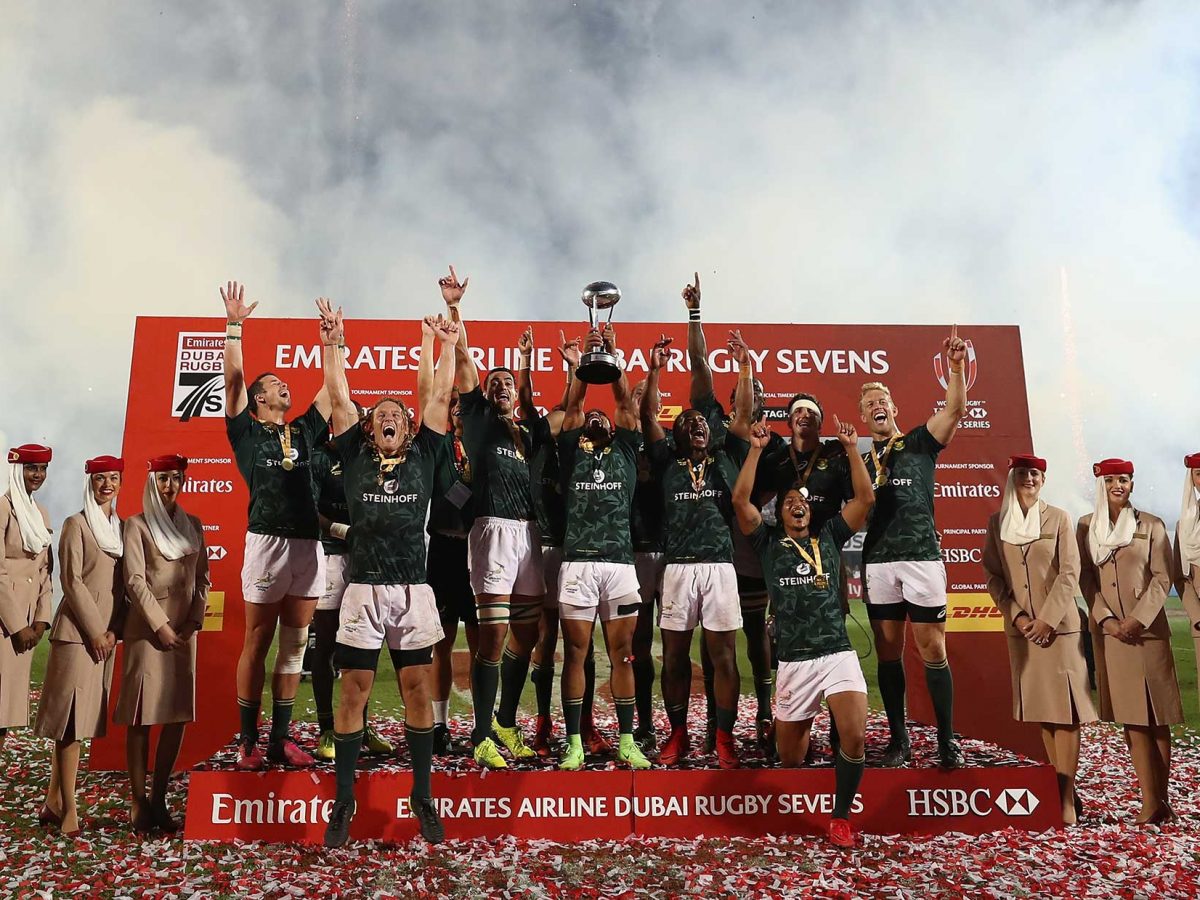 South Africa celebrates after winning the Emirates Dubai Rugby Sevens - HSBC Sevens World Series at The Sevens Stadium on December 2, 2017 in Dubai. (Getty Images)