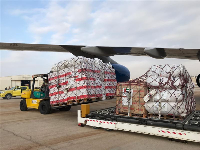 A Boeing 747 jumbo jet carrying 85 tons of humanitarian aid, including relief items donated by the Emirates Red Crescent, landed in Amman, Jordan on Tuesday morning.