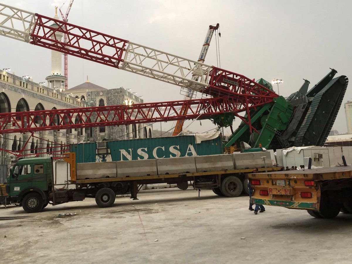 A picture taken on September 12, 2015 shows the crane that collapsed the day before at the Grand Mosque in Makkah. (AFP/Getty Images)