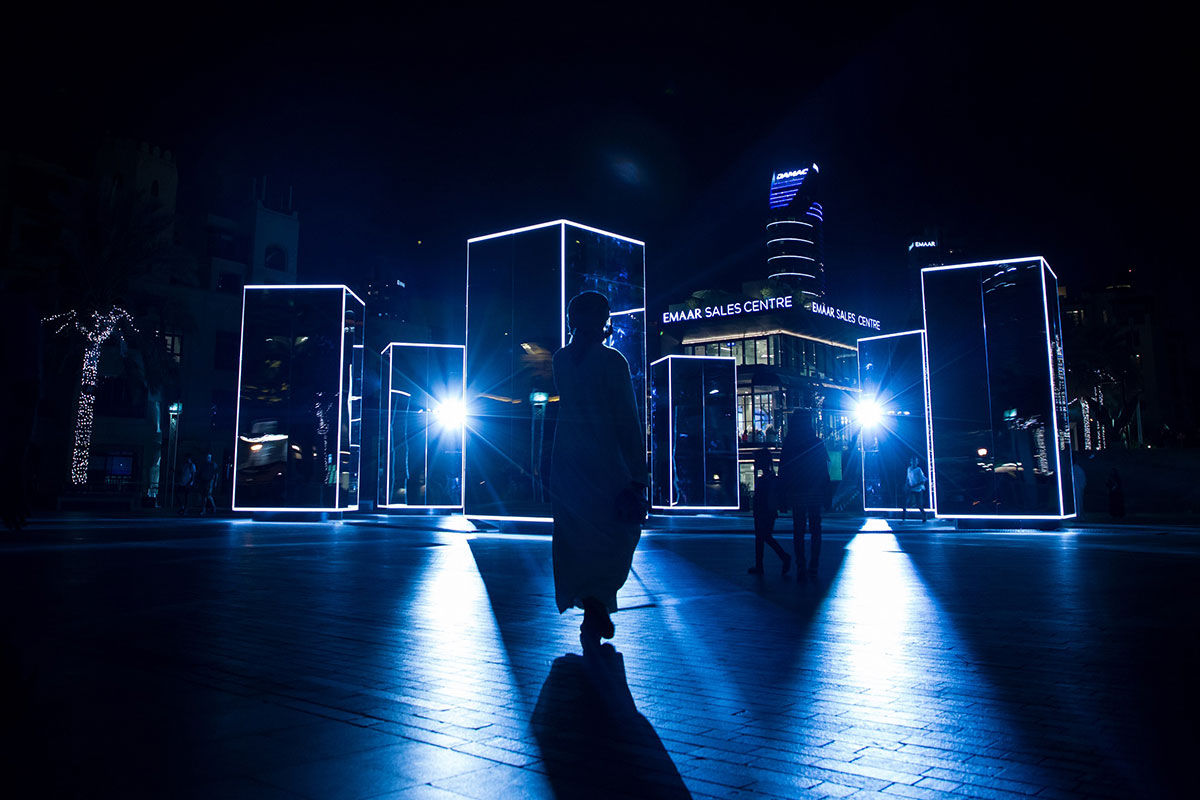 ‘Downtown Light Park’ is accompanied by live performances that interact with the light pieces.