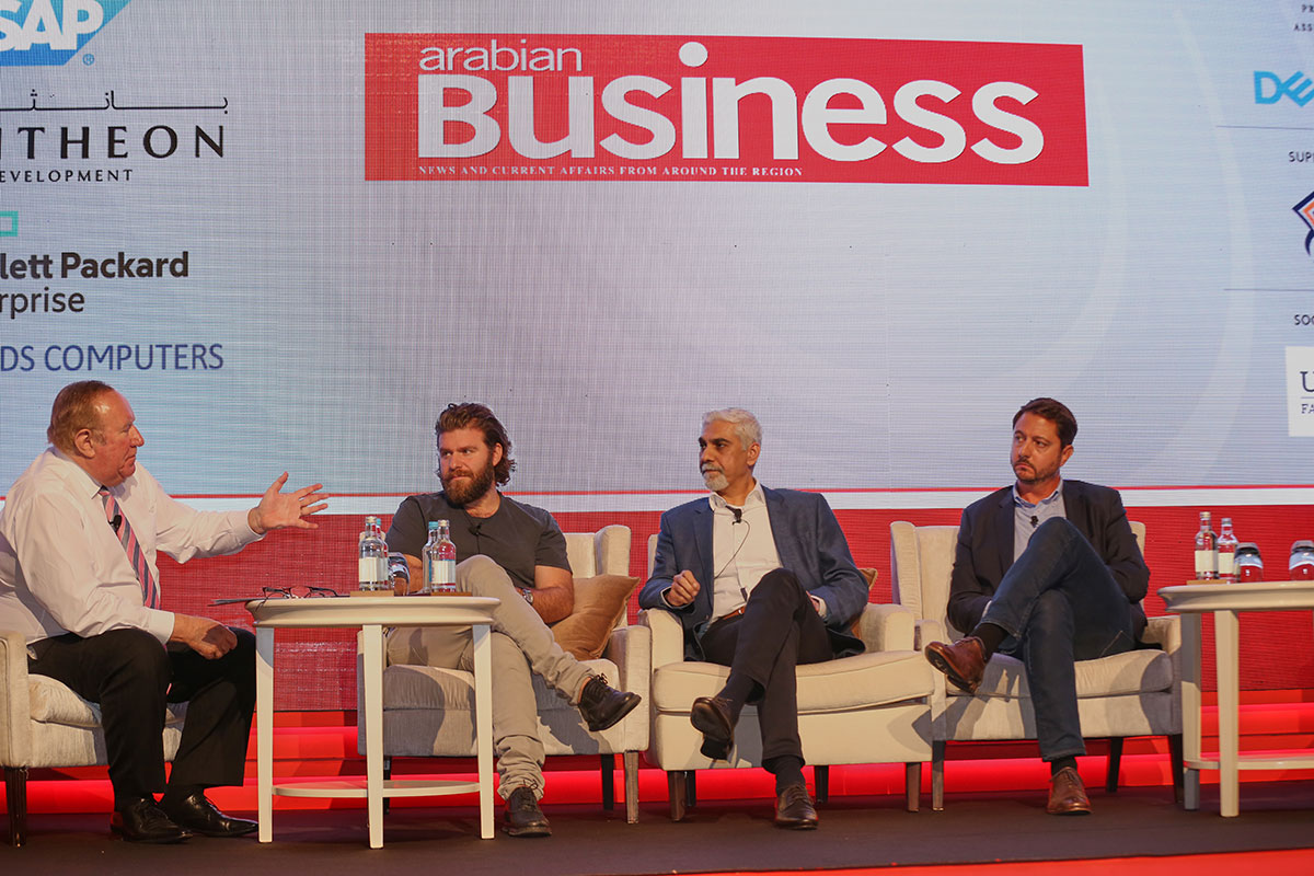 ITP Media Group chairman Andrew Neil speaking with SellAnyHome.com CEO Omar Chihane, Vijay Tirathrai, the managing director of Techstars Dubai Accelerator and Edmond Hussein, the CEO and co-founder of Felix, a B2B software as a service company, at the Arabian Business Forum in Dubai.