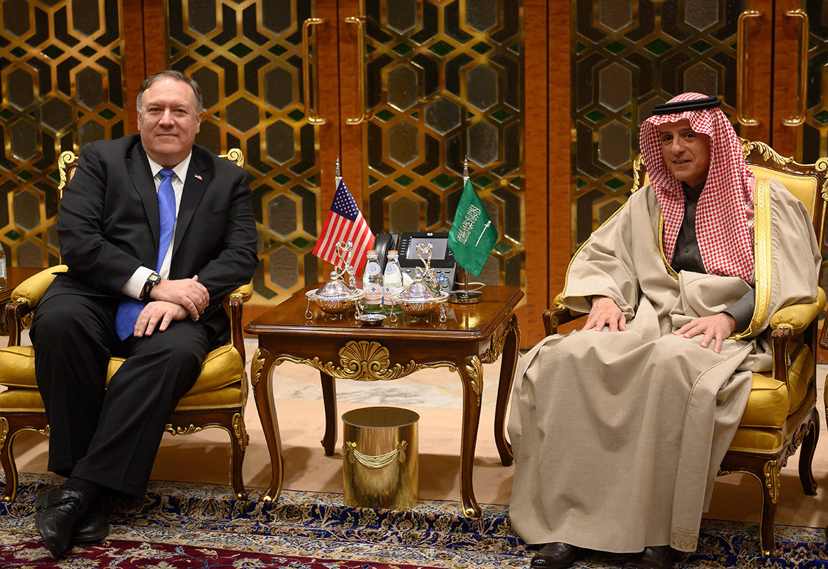 US Secretary of State Mike Pompeo (L) meets with Saudi's Minister of State for Foreign Affairs Adel al-Jubeir upon his arrival in Riyadh on January 13, 2019, during his extensive Middle East tour. (Photo: ANDREW CABALLERO-REYNOLDS/AFP/Getty Images)