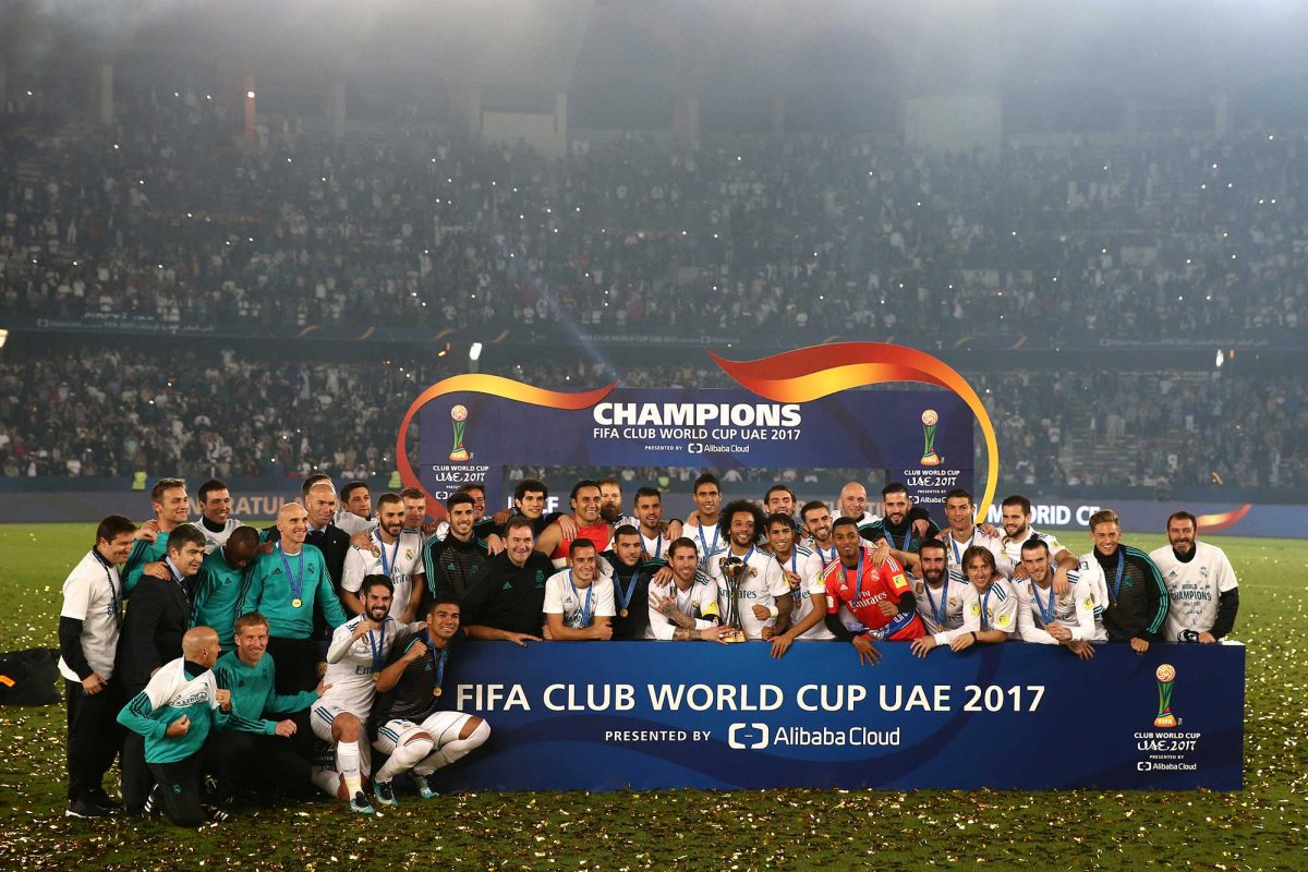 The Real Madrid team celebrate with the Trophy after the FIFA Club World Cup UAE 2017 Final between Gremio and Real Madrid at the Zayed Sports City Stadium in Abu Dhabi. (Getty Images)