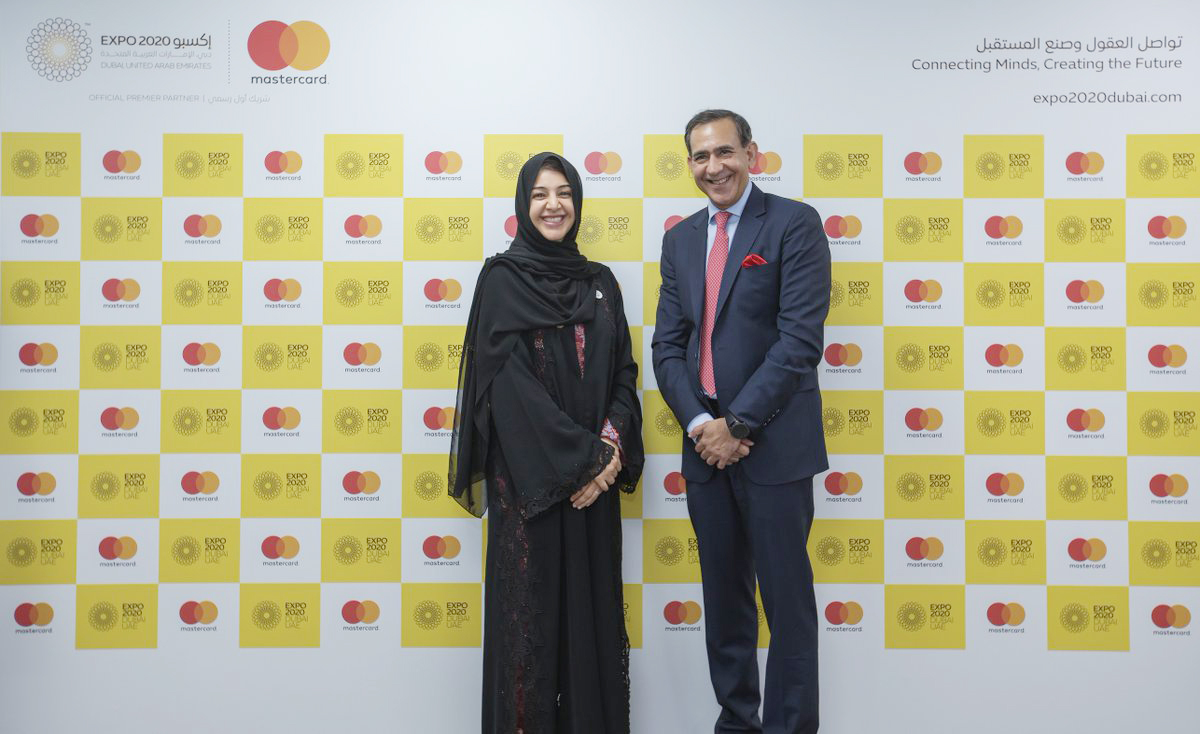 Reem Al Hashimy, UAE Minister of State for International Cooperation and Director General, Dubai Expo 2020 Bureau pictured with Raghu Malhotra, President, Middle East and Africa, Mastercard.