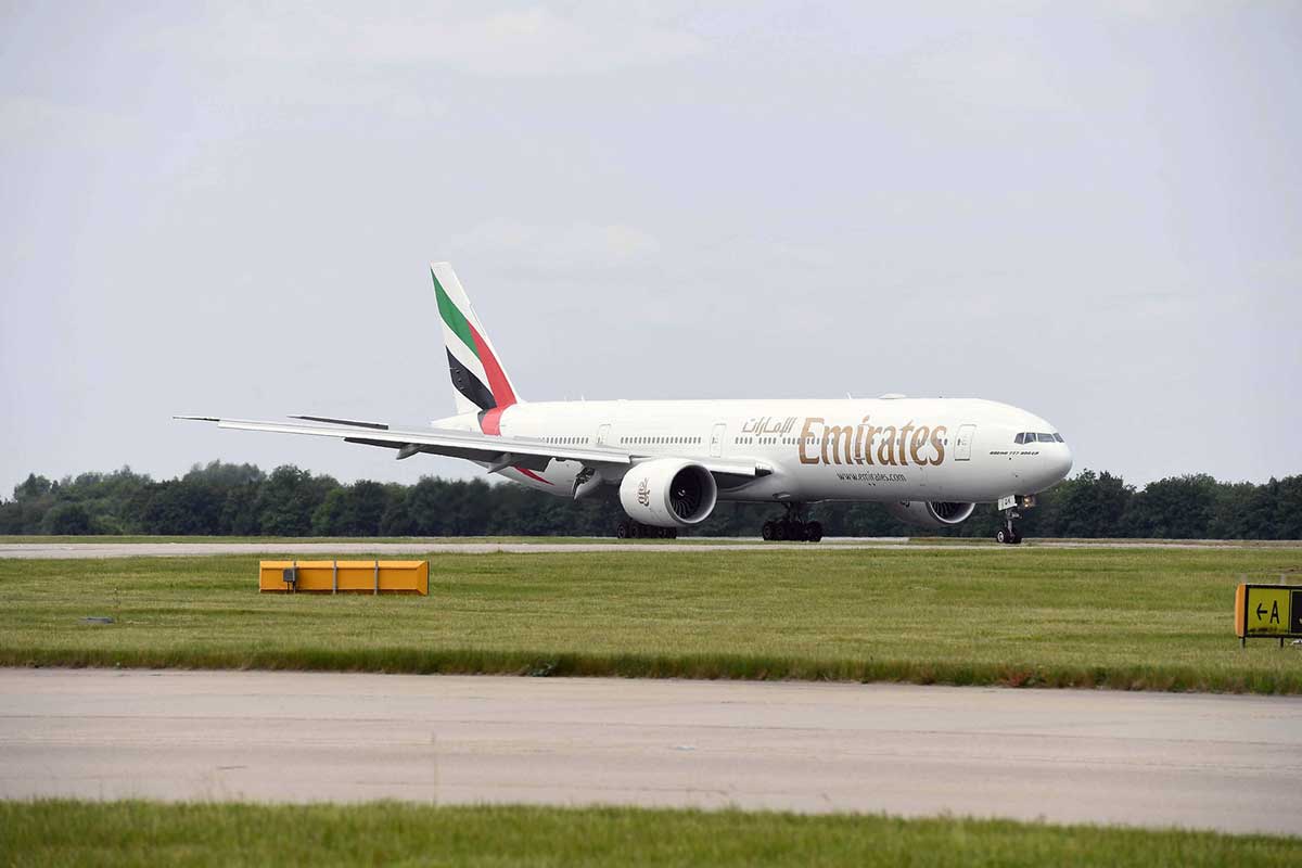 An Emirates aircraft lands at London Stansted after launching services earlier this year.