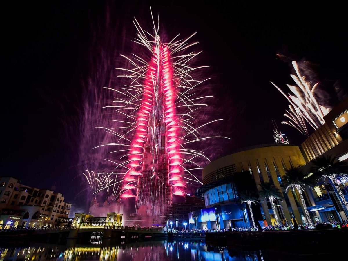 Fireworks explode from the Burj Khalifa, the world's tallest tower, in Dubai. (STR/AFP/Getty Images)