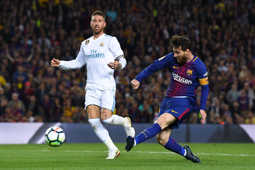 Lionel Messi of FC Barcelona shoots towards goal during the La Liga match between Barcelona and Real Madrid at Camp Nou on May 6 2018 in Barcelona Spain  Photo: David RamosGetty Images